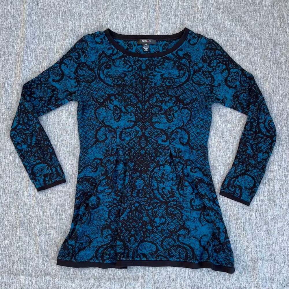 Gothic Long Sleeve Blue Black Baroque Abstract Pleated Sweater Dress Size M